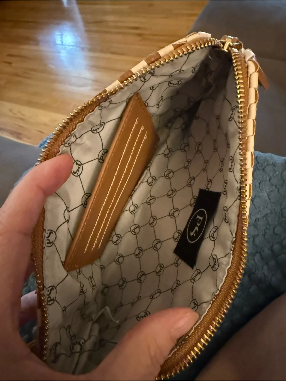 Pretty simple Woven Check Wristlet Clutch in Tan and Cream